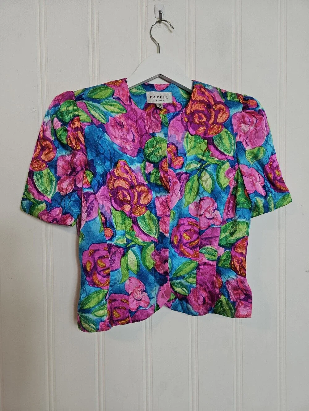 Vintage Papell Petites Blouse Size 2 100% Silk Floral Power Dressing Multicolors
